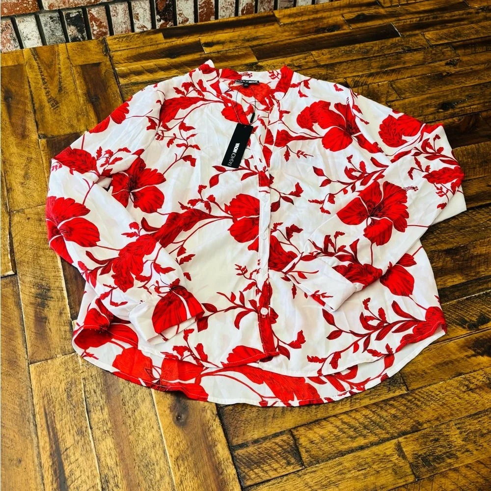 Fashion Nova Vibrant Red Floral Blouse - Picture 2 of 7